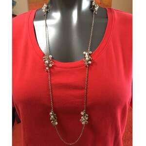 34" Silver Tone Chain Necklace Clusters of Pearls Rhinestones & Beveled Discs